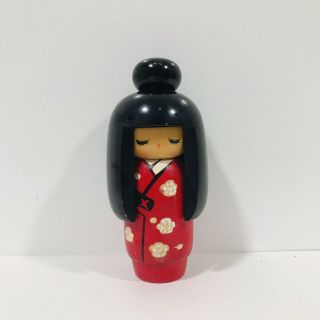 Vtg Japanese Geisha Girl Kokeshi Solid Wood Doll Hand Carved /painted Floral Red