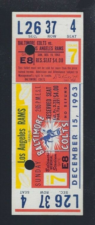 Vintage 1963 Nfl Los Angeles Rams @ Baltimore Colts Full Football Ticket
