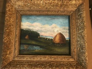 Antique " Shelters And Landscape Scene " Oil On Board Painting - Framed