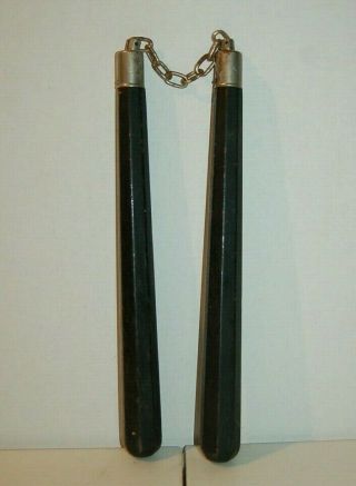 Vintage Wood Nunchuck With Swiveling Metal Chain Martial Arts Mma Training