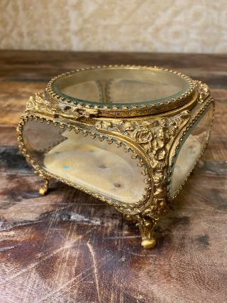Large Antique Vintage Gold Filigree & Beveled Glass Jewelry Casket Box Matson?