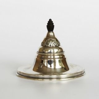 Antique Danish Art Nouveau Silverplated Inkwell With Wooden Finial Glass Insert