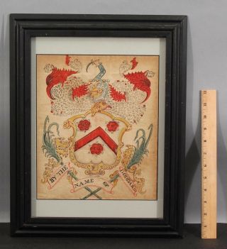 Antique 18thc Folk Art Painting,  Goddard Family Crest Coat Of Arms,