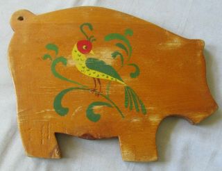 Vintage Wood Pig Cutting Board With Painted Bird