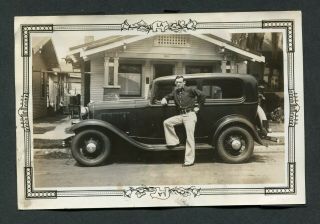 Vintage Photo W/ Border Man W/ 1932 Ford Tudor Sedan V8 Car 422192