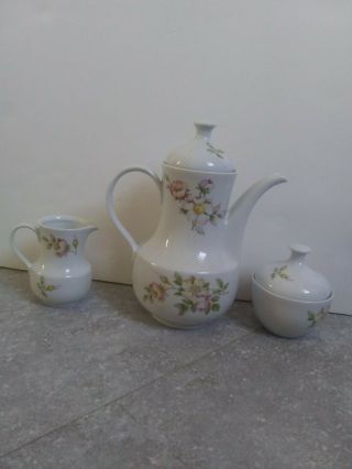 Kahla Vintage German Porcelain Teapot Creamer Sugar Bowl White W Pink Flowers