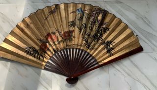 Vintage Large Oriental Chinese Wall Fan Hand Painted Flowers & Birds