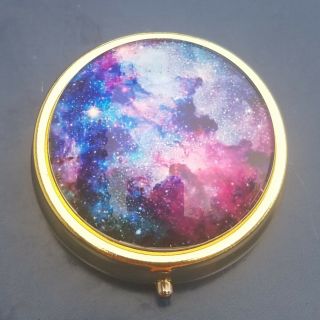 Vintage Gold Tone Pill Box.  Multicolored Space Design With Three (3) Departments