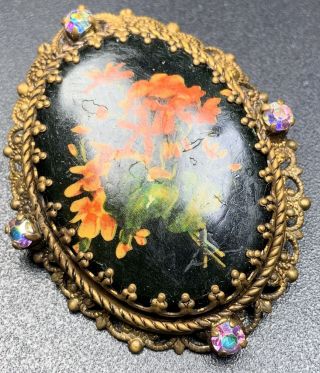 Signed Germany Vintage Brooch Pin 2” Glass Flower Cameo Ab Rhinestones Lot1