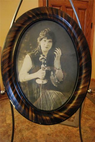 19 " X 25 " Antique Oval Frame Portrait Woman Holding Telephone Early Century
