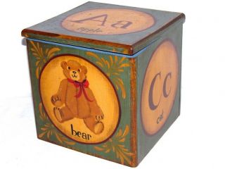 Vintage Maude Risher Ciardi Painted Wooden Alphabet Block Box With Hinged Lid