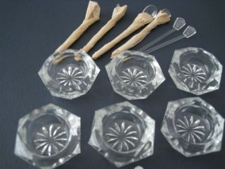 6 Vintage Crystal Salt Cellars Bowls Dips 6 Spoons Orig Box Bohemia Glass Czech