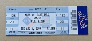 Albert Pujols 2 Hr 354 & 355 Home Run 2009 8/4/09 Mets Cardinals Full Ticket