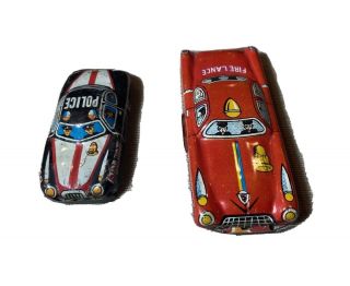 Vintage Police Car & Fire Lance Cars All Tin Litho Toy Car Made In Japan