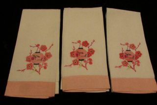 3 Vintage Asian Inspired Tea Towels Hand Embroidered - Open Stitch Hem - Appliqued