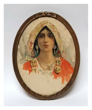 Antique Orientalist Watercolor Portrait Of Young Woman