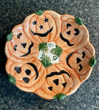 Vintage Ceramic Jack - O - Lantern Pumpkin Candy Dish Halloween Plate 10”