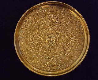 Vintage Aztec Calendar Brass Wall Hanging Plate,  6 3/4 " Diameter