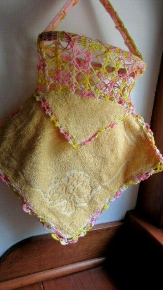 Vintage 1960’s Clothes Pin Holder Hanging Bag Crochet Trim Towel/handmade Yellow