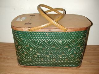 Vintage Green Woven Wooded Picnic Basket With Inner Shelf And Metal Handles