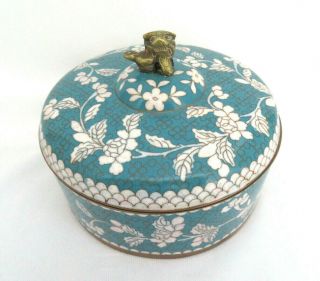 Antique Vintage Chinese Cloisonne Enamel Powder Box With Brass Foo Dog Finial
