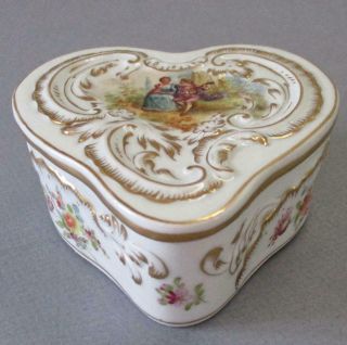 Antique Dresden Hp Porcelain Heart Shaped Box Figures Flowers Gilt Trim Lamm