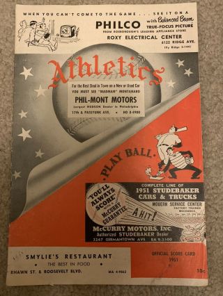 1951 Philadelphia Athletics Score Card Program.  Vs Boston Red Sox