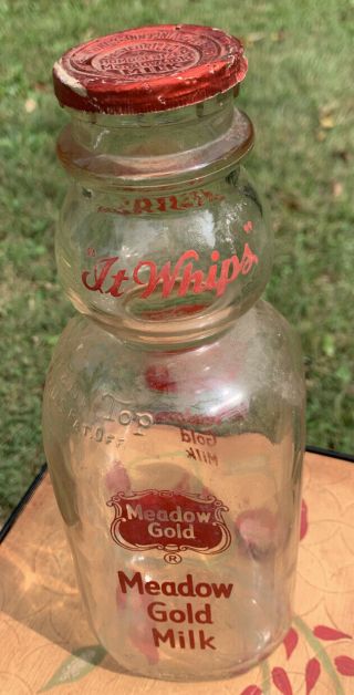 Vintage Meadow Gold Cream Top Milk Bottle,  Foil Lid Red Lettering One Quart