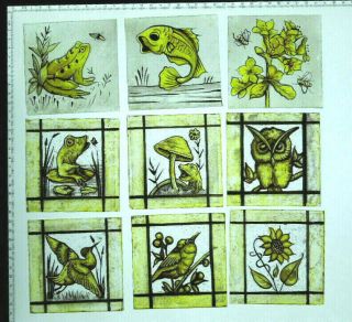 Vintage Stained Glass Fragments Of Fish,  Flowers,  Frogs,  Birds & Mushrooms.