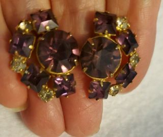 Vintage Large Purple Amethyst Glass Rhinestone Screw On Earrings