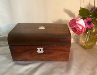 19th Century Victorian Antique Rosewood Box With Domed Lid & Mother Of Pearl