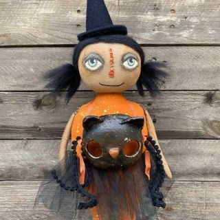 Primitive Handmade Standing Witch With Cat Mask Halloween Holiday Fall Decor