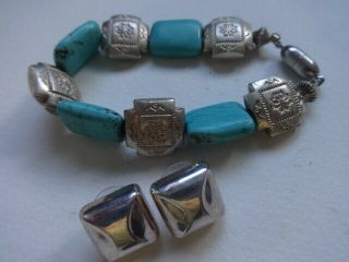 Vintage Southwestern Turquoise Bracelet W/ Sterling Silver Stud Earrings