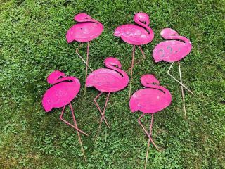 Set Of 6 Vintage Metal Painted Figural Pink Garden Flamingos - Leg Stands Intact
