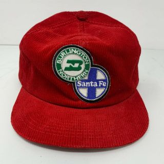 Vintage Burlington Northern Railway & Santa Fe Patches Snapback Hat Red Corduroy