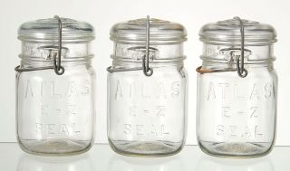 3 Vintage Pint Clear Atlas E - Z Seal Mason Jar,  W/ Metal Bail & Glass Lids