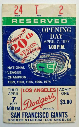 San Francisco Giants Vs Los Angeles Dodgers Ticket Stub 4/7/77 Opening Day 1977