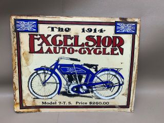 Vintage The 1914 Excelsior Auto Cycle Motorcycle Metal Sign 15”x11.  5”