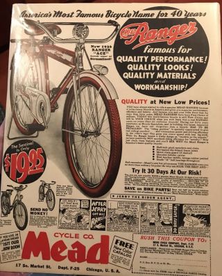 1936 Mead Cycle Co.  Ranger Bicycle Advert.  Page On Cardboard 10” X 12.  5”.