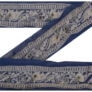 Sanskriti Vintage Deco Sari Border Hand Beaded Craft Trim Décor Ribbon Blue Lace