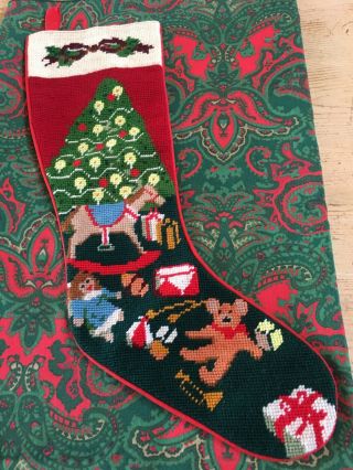 Vintage Needlepoint Christmas Tree W/toys Holiday Stocking Red Cotton Back 21”