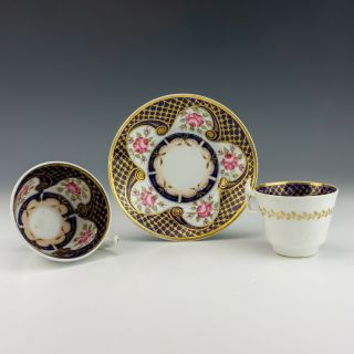 Antique English Porcelain - Rose Painted Cobalt Blue & Gilt Two Cup Trio