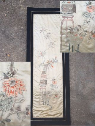 Antique Chinese Large Hand Embroidered Silk Embroidery Panel Pots Flowers Milnor