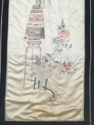 Antique Chinese Large Hand Embroidered Silk Embroidery Panel Pots Flowers Milnor 2