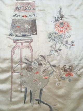 Antique Chinese Large Hand Embroidered Silk Embroidery Panel Pots Flowers Milnor 3