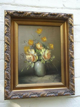 Vintage Ornate Gold Frame Oil Painting Art Yellow Flowers In Vase Signed
