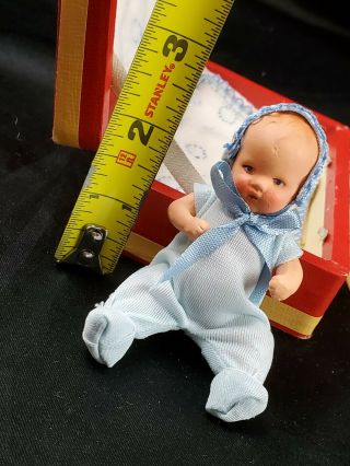 Tiny Antique German All Bisque Baby Doll In Suitcase Marked At Neck And Back