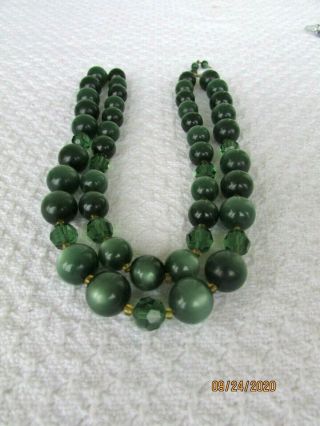 Vintage 2 Strand Green Moonstone W/green Glass Crystal Accents Bead Necklace
