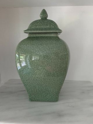 Estate Piece Vintage Antique Large 12.  5” Tall Celadon Ginger Jar
