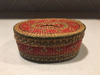 Vintage Hand Woven Sweetgrass Decorative Oval Dresser Basket With Lid